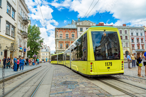 Old tram is in the historic center of Lviv.