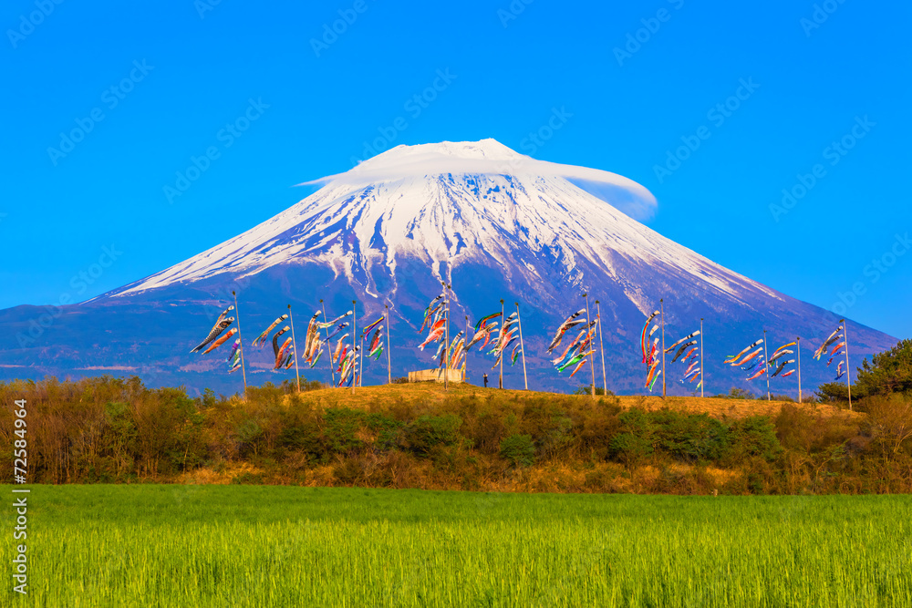 Colorful carp banners and Mount Fuji