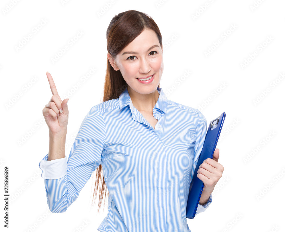 Businesswoman with clipboard and finger point up Businesswoman with clipboard and finger point up