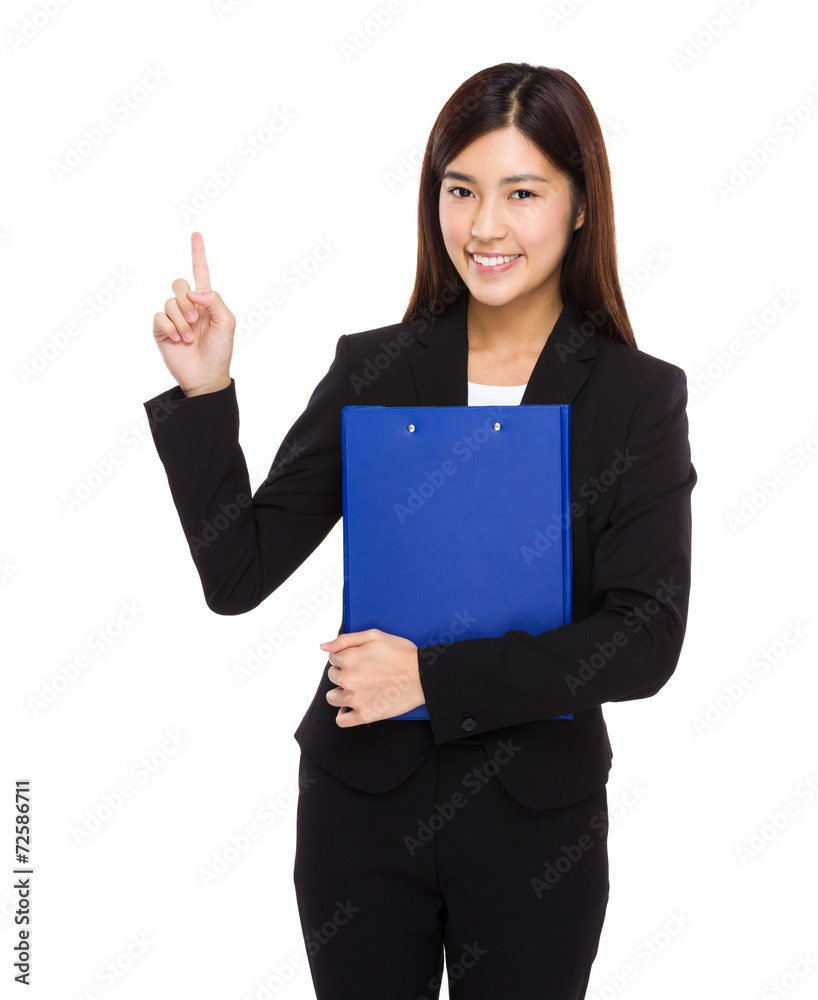 Business woman with folder and finger point up Business woman with folder and finger point up