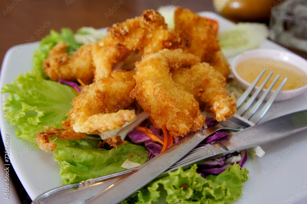Japanese Cuisine. Fried coconut Shrimp with cocktail sauce Japanese Cuisine. Fried coconut Shrimp with cocktail sauce