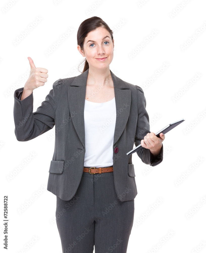 Businesswoman with tablet and thumb up Businesswoman with tablet and thumb up