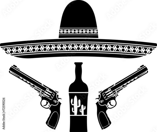 tequila, sombrero and two pistols. stencil