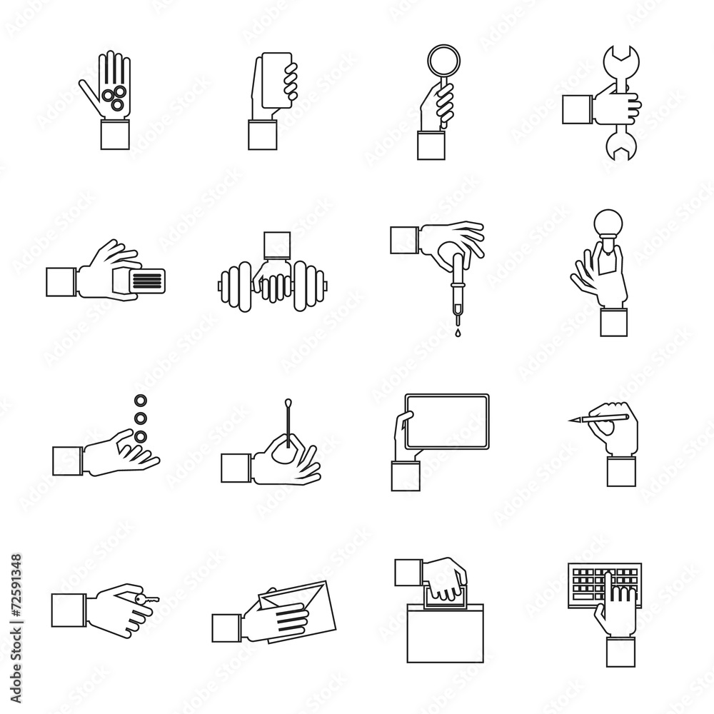 Hand holding objects outline set Hand holding objects outline set