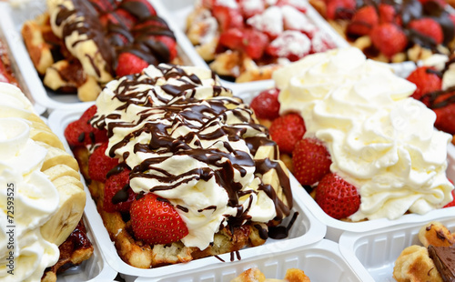 Fresh brussels gaufres or wafers with cream and fruits