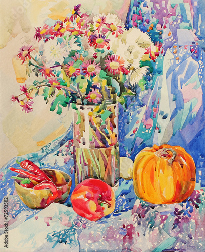 Tablou pe pânză original watercolor still life with flowers