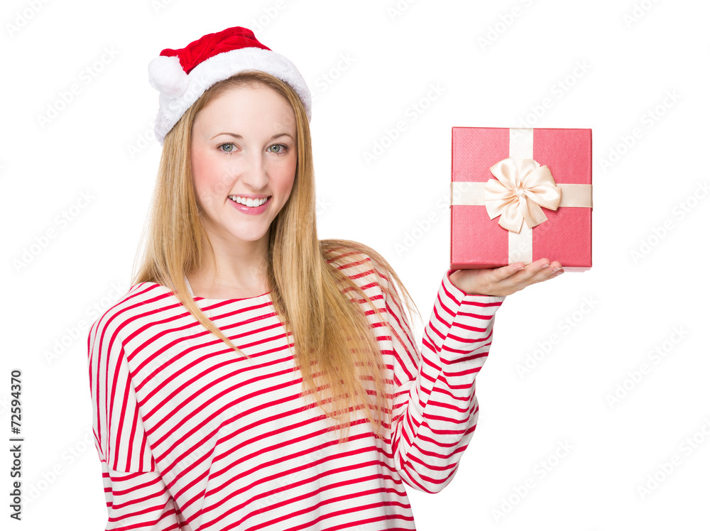 Woman with Xmas hat and show with gift box Woman with Xmas hat and show with gift box