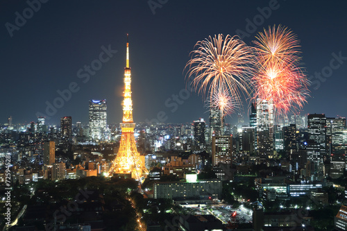 Photography Fireworks celebrating over Tokyo cityscape at night