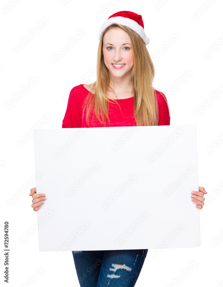 Woman with christmas hat and hold blank placard