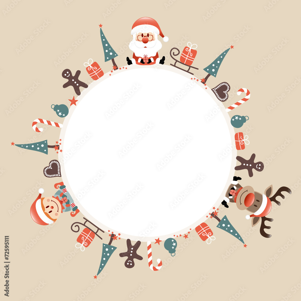 Round Frame Santa, Rudolph & Elf Symbols Beige Round Frame Santa, Rudolph & Elf Symbols Beige