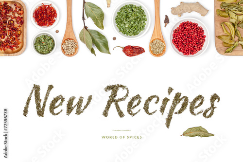 new recipes, spices and herbs on white background