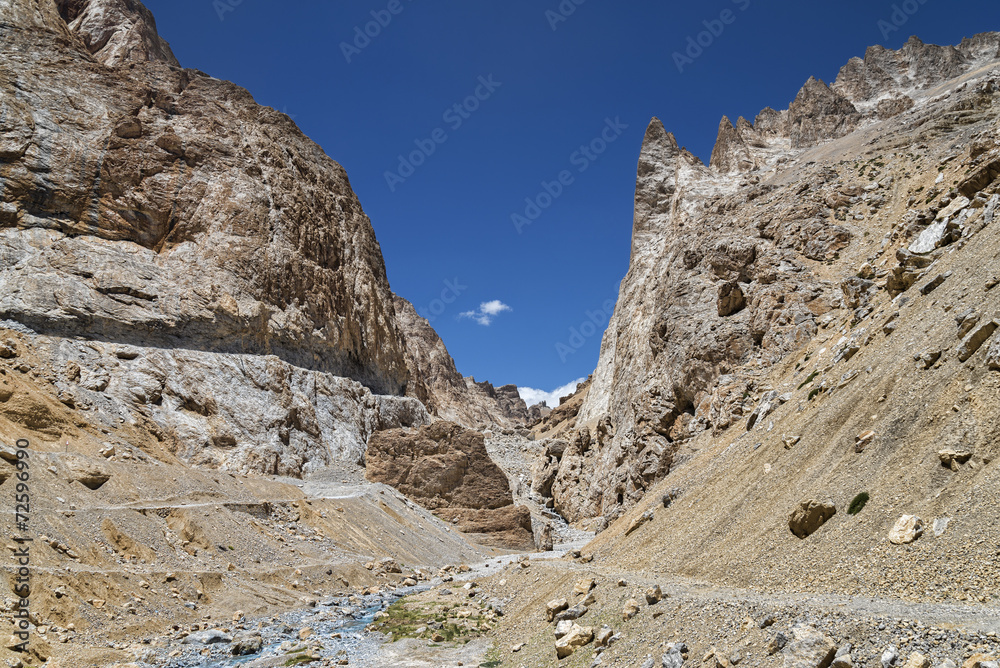 Huge jagged mountains with winding road and river