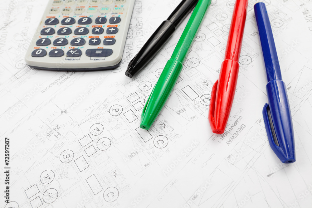 Architectural blueprint and calculator Architectural blueprint and calculator