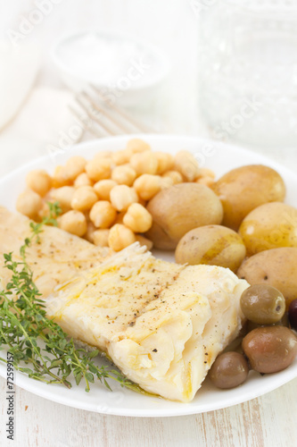 boiled cod fish with chick-pea and potato