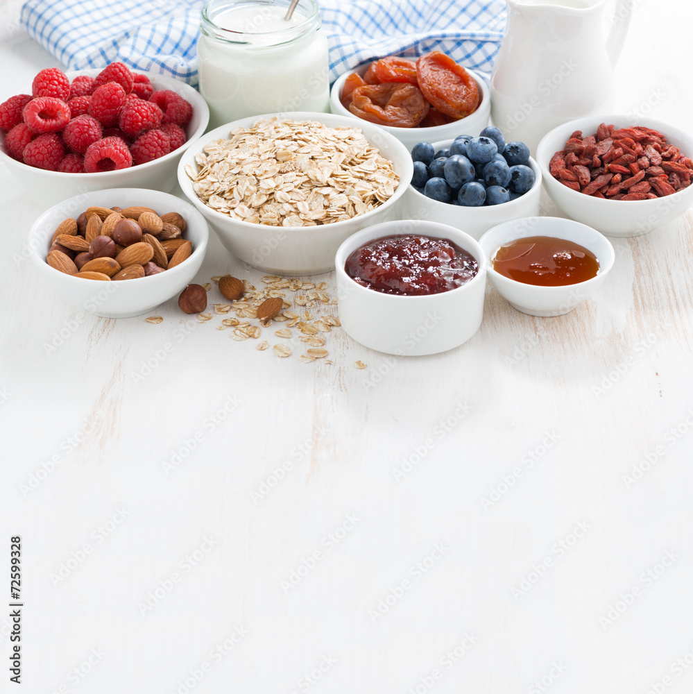 oat flakes, various ingredients for breakfast oat flakes, various ingredients for breakfast