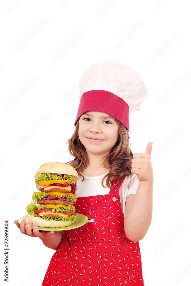 happy little girl cook with big hamburger and thumb up happy little girl cook with big hamburger and thumb up