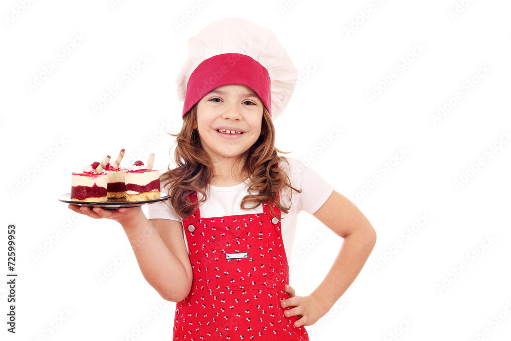 happy little girl cook with sweet raspberry cake happy little girl cook with sweet raspberry cake