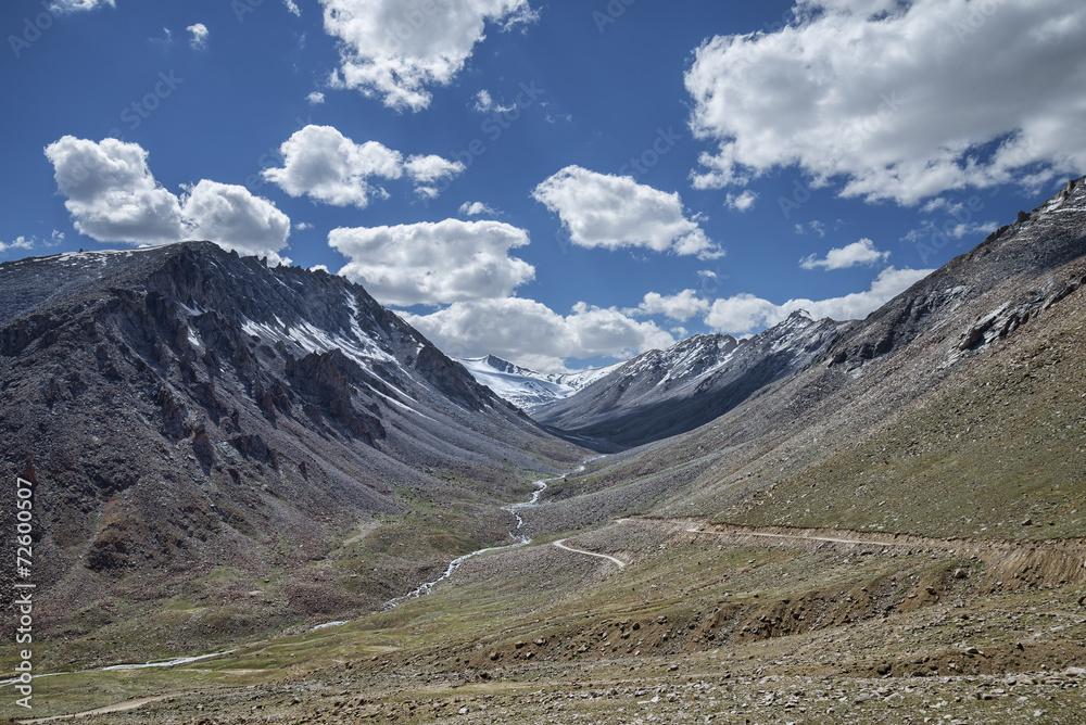 View of green valley winding river and road