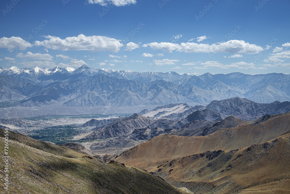 Great view of Himalayan mountain range and green valley Leh