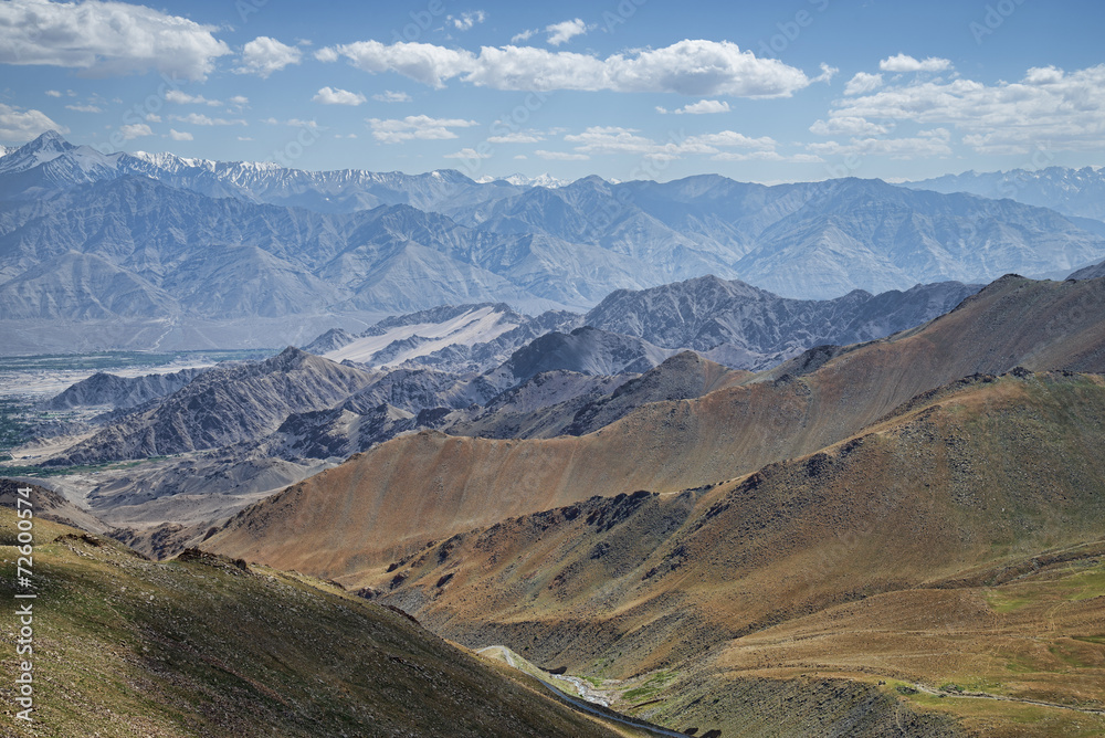 Great view of Himalayan mountain range and green valley of Leh