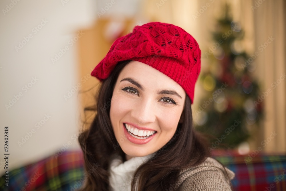 Portrait of a smiling brunette in hat at christmas Portrait of a smiling brunette in hat at christmas