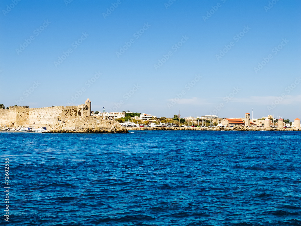 View from the sea to the fortress of Rhodes.