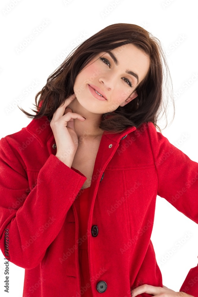 Portrait of a cheerful brunette in red coat Portrait of a cheerful brunette in red coat