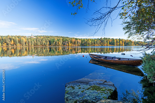 Autumn lakes at Norway moored boat