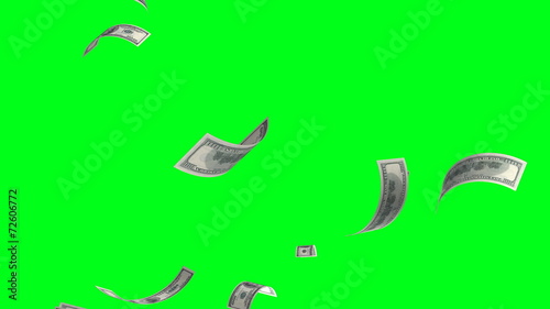 4k.Flying banknotes of dollars. Isolated over green alpha