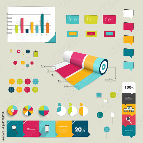 Collection of colorful flat and 3D infographic elements.