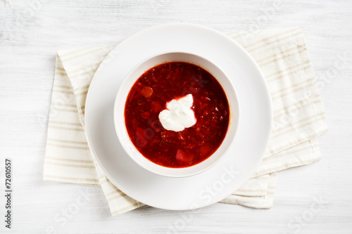 Russian soup borsch on white table