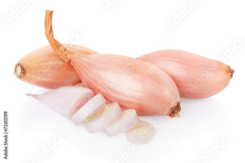 Shallot onions and slices on white, clipping path