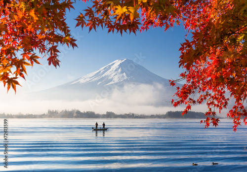 Mt. Fuji and Kawaguchiko lake with morning fog in autumn