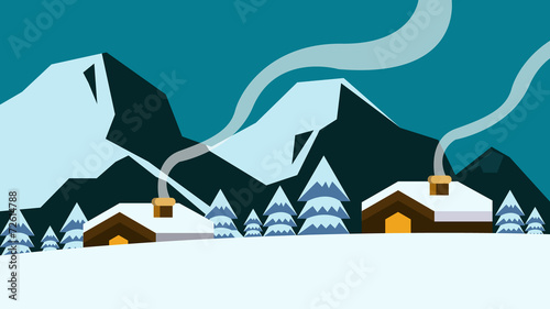 Old village in the mountains at winter. flat design vector