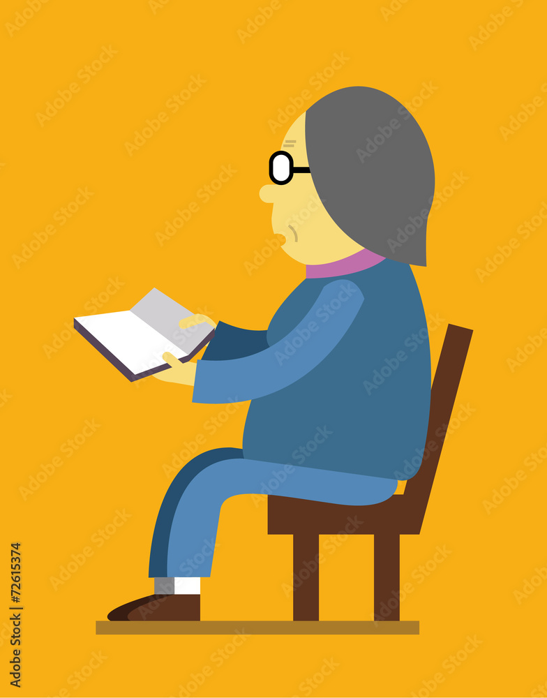 Retired woman reading a book. flat character design. vector Retired woman reading a book. flat character design. vector