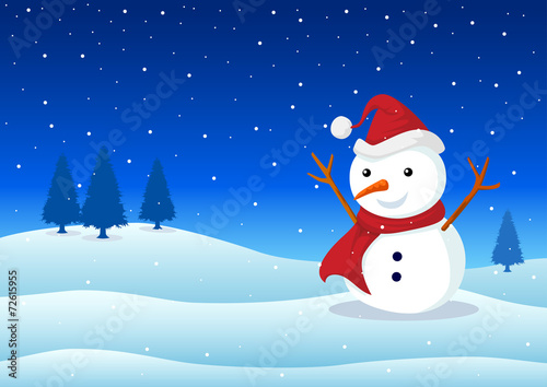 Cartoon illustration of a snowman on snowy hills © rudall30