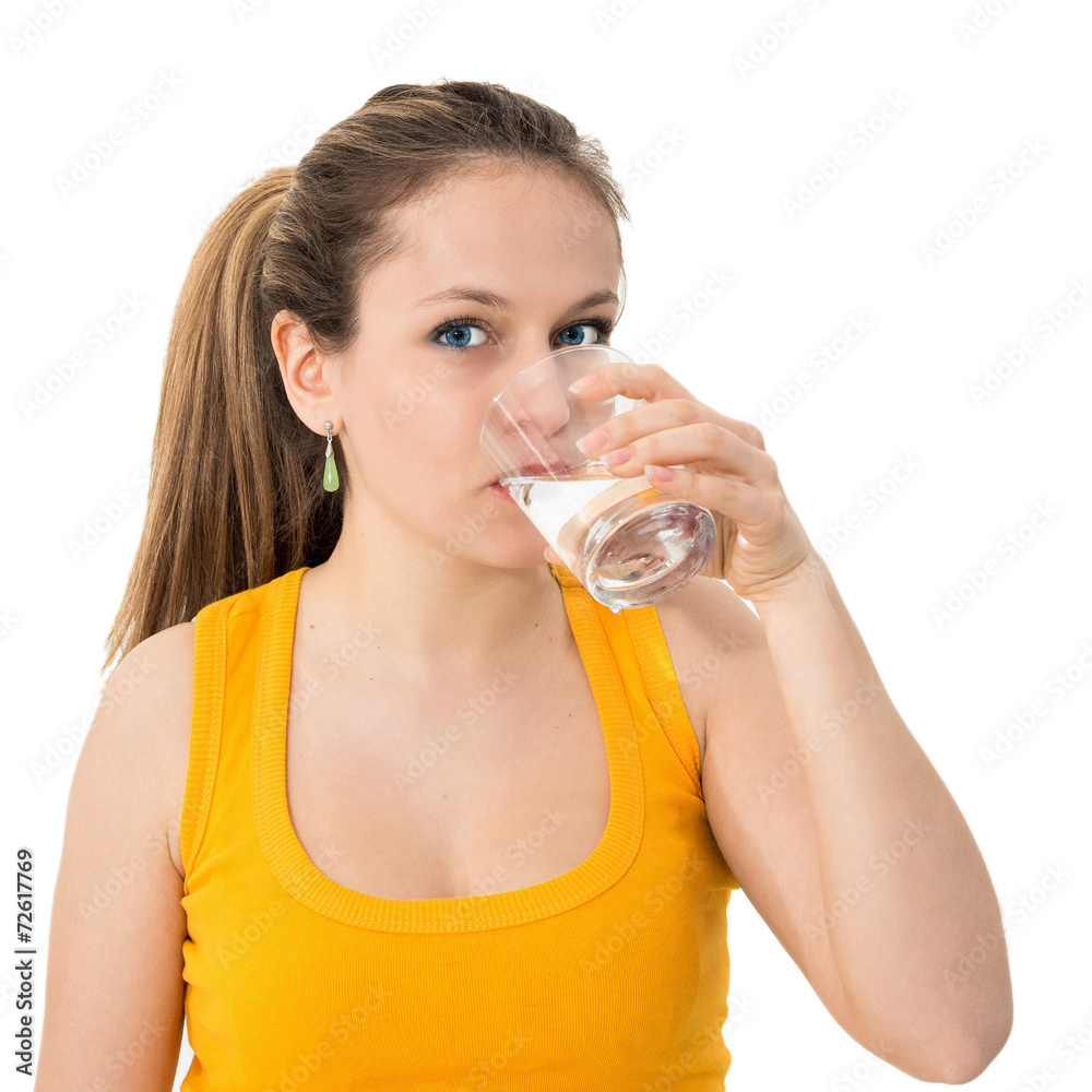 woman drinking water against white background woman drinking water against white background