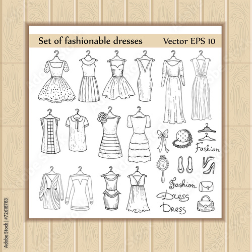 Vector set of fashionable dresses and accessories