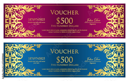 Luxury magenta and blue voucher with vintage ornament