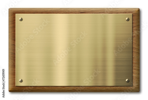 Wood plaque with brass or gold metal plate. Clipping path is