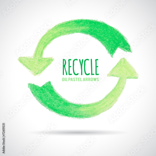 Recycle icon, hand drawn with oil pastel crayon.