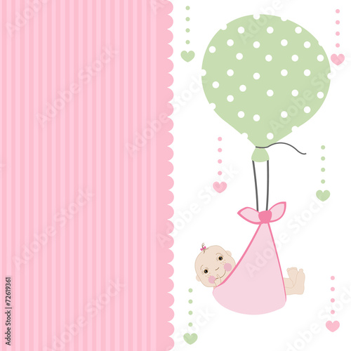 Swaddle baby girl arrival card with balloon greeting vector