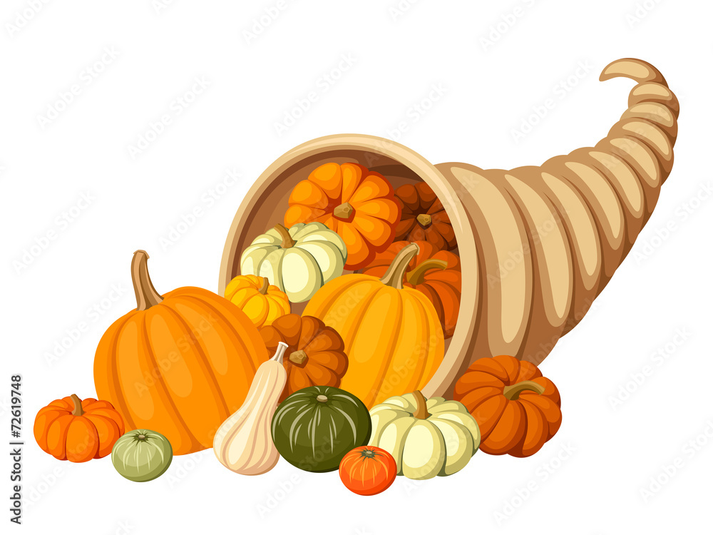 Obraz premium Autumn cornucopia (horn of plenty) with pumpkins. Vector.