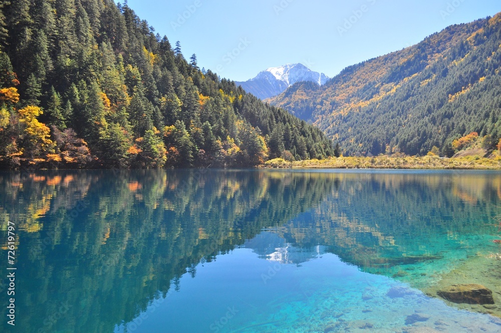 Scenic view of lake with mountainous background