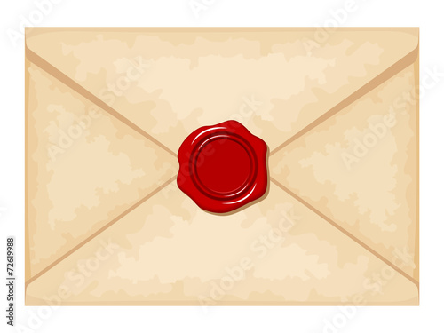 Envelope with red wax seal. Vector illustration.