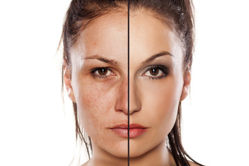 Comparison portrait of a woman without and with makeup