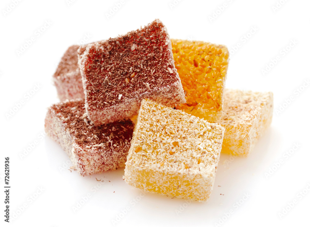 Sweet pieces of turkish delight on white background Sweet pieces of turkish delight on white background