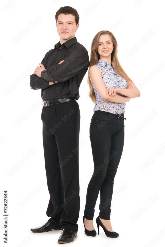 Business man and woman standing isolated on white background. Business man and woman standing isolated on white background.
