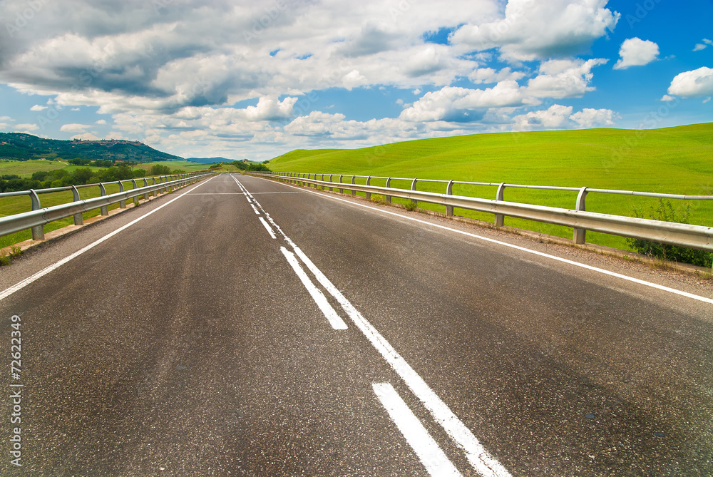 Fototapeta premium Long way between green fields with blue sky in the background