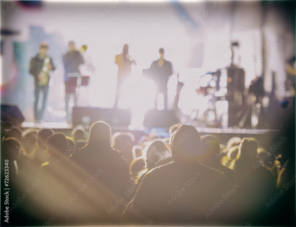 Crowd and Rock Band at Night Concert.